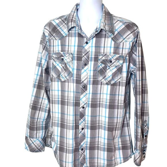 BKE Mens Snap Button Shirt XL Blue Gray Plaid Western StdFit LS Preppy Cowboy - Picture 1 of 6